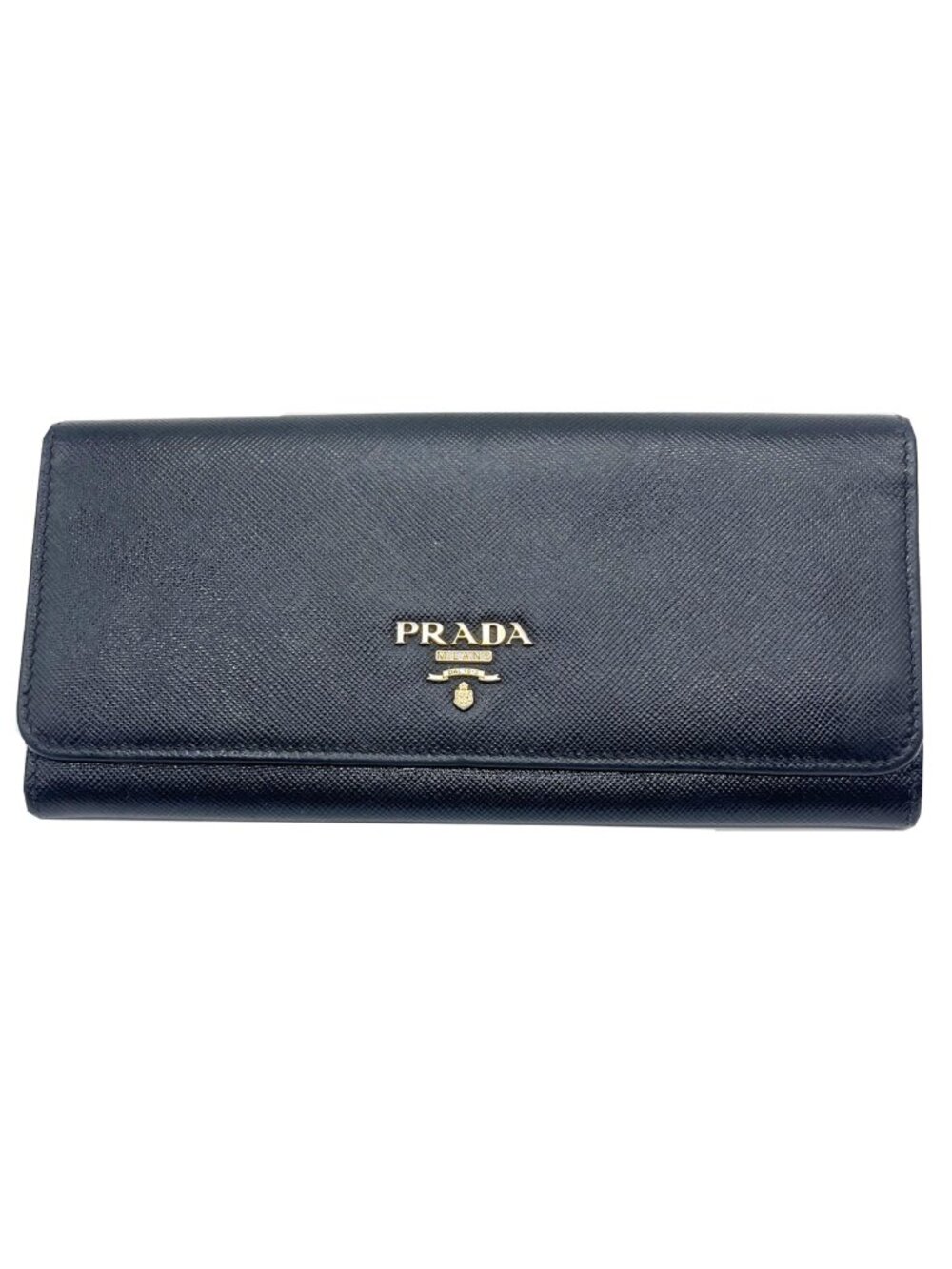Authentic Prada Black Saffiano Long Leather Flap Wallet w/Gold Hardware